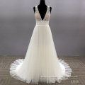 2021 Elegant Sexy Deep V Neck Lace Applique Tulle Backless Wedding Dress Bridal Gowns Sleeveless Cathedral Train